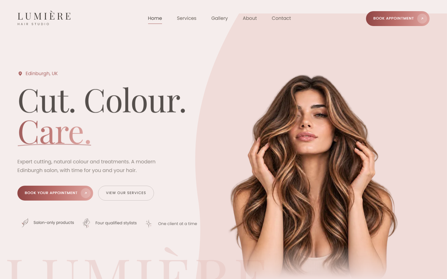 Lumière Hair Studio homepage with an appointment call to action