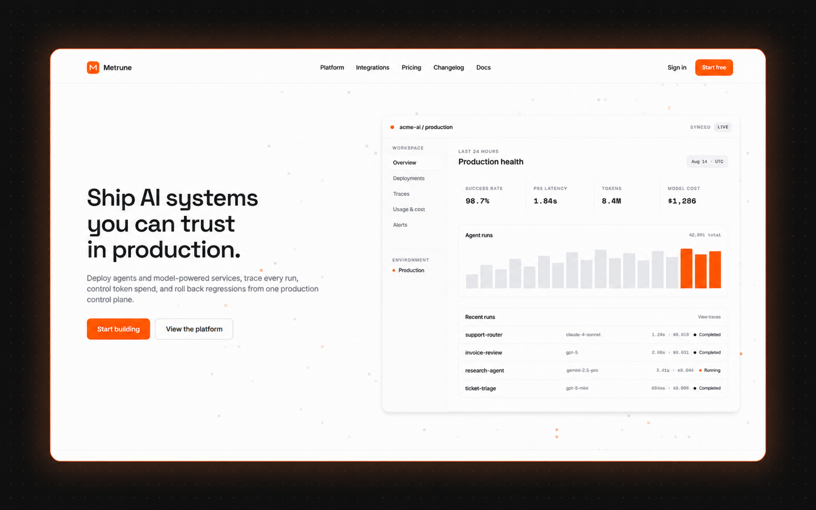 Metrune homepage hero beside a production health dashboard