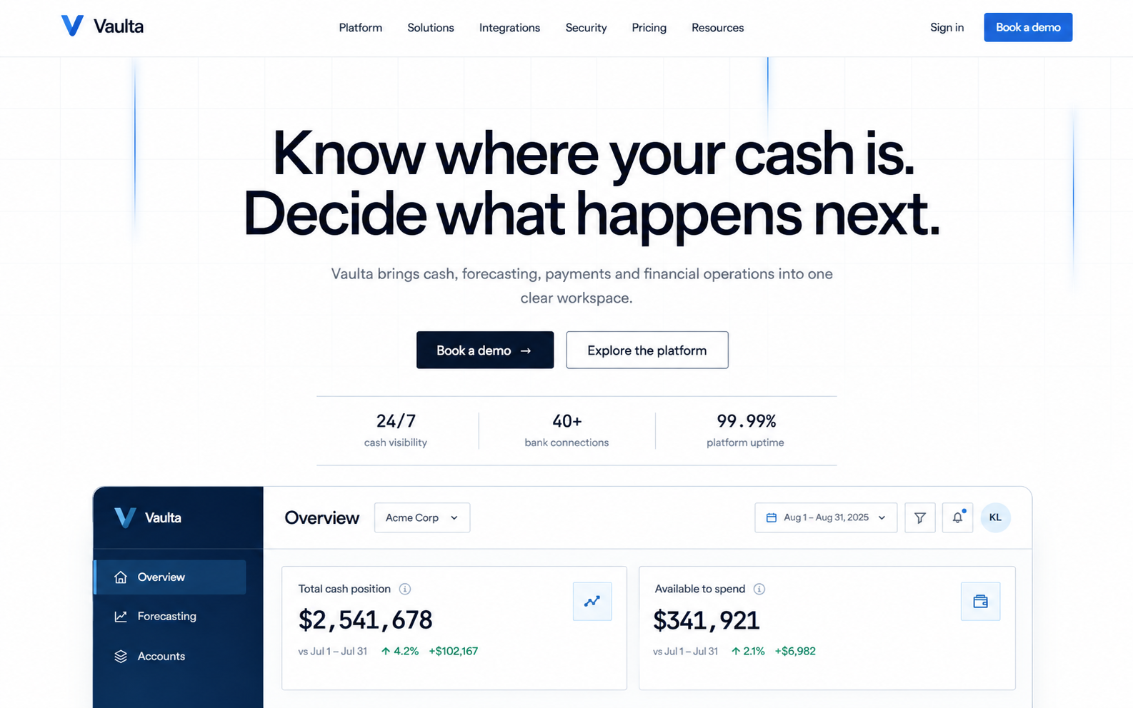 Vaulta homepage hero above the treasury overview dashboard